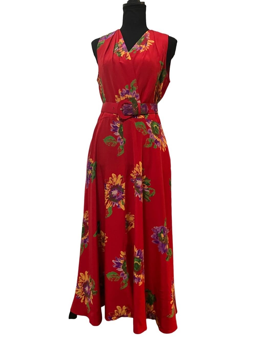 Liz Claiborne Red Floral V-Neck Belted Maxi Dress 100% silk Vintage Size 6